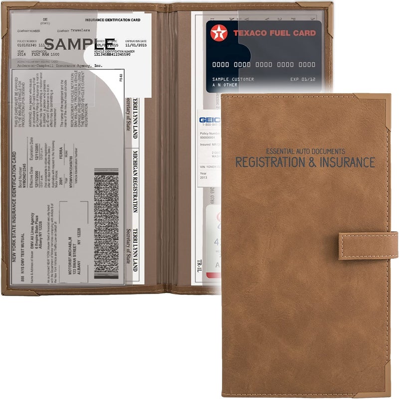 Auto Insurance and Registration card Holder - Vehicle glove Box Document Organizer - car Essential Paperwork Holder for DMV  AAA  contact Information cards - Premium PU Leather Wallet case - Brown